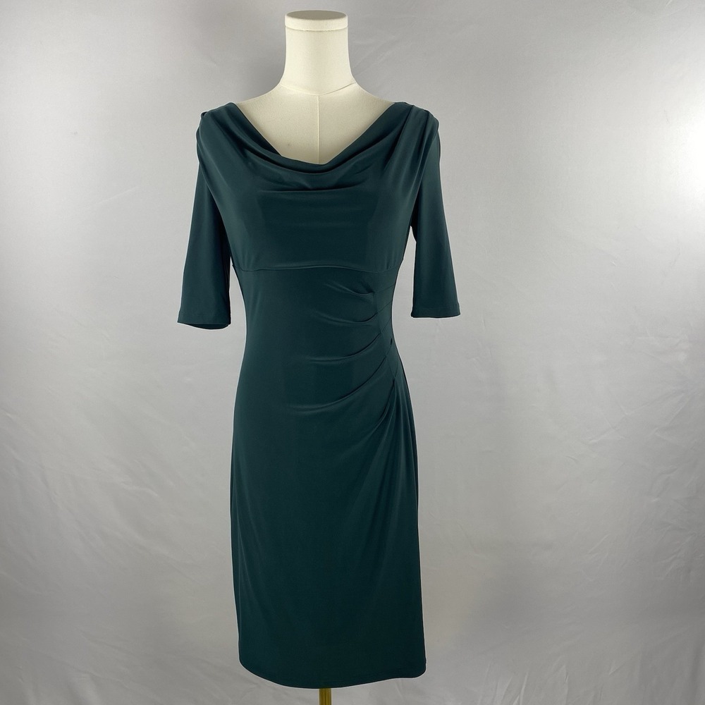 Lauren Ralph Lauren Sheath Dress Women 4P Green Cowl Neck Ruched Petite Cocktail